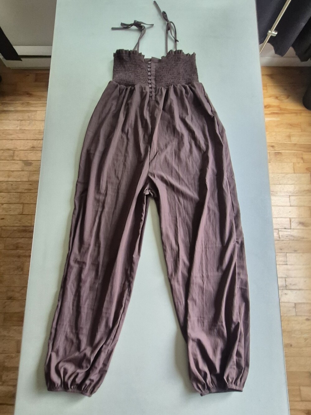 Smocked Strap Jumpsuit — Brown/plum